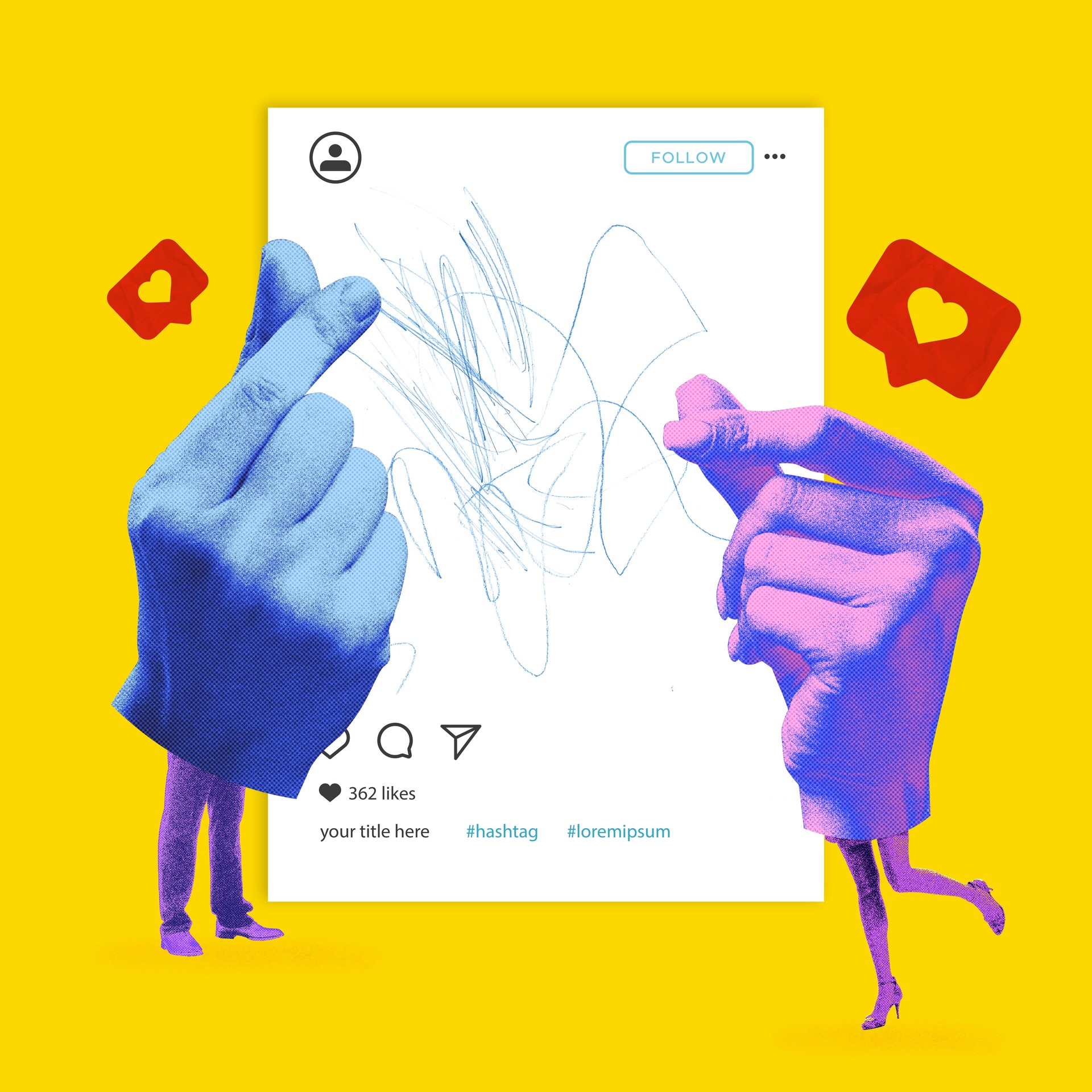 Social Engagement. Two abstract hands form heart gesture around social media post, illustrating digital influence, content creation and appreciation of audience